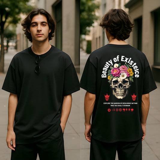 Beauty of Existence – Oversized Floral Skull Tee