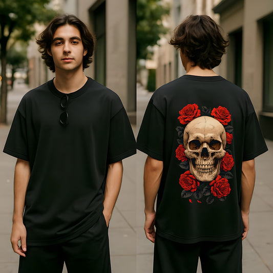 Beauty of Existence – 280 GSM Premium Oversized Skull & Roses Tee | Skelebloom
