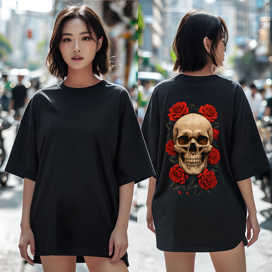 Beauty of Existence – 280 GSM Premium Oversized Skull & Roses Tee | Skelebloom
