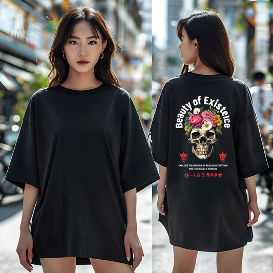 Beauty of Existence – Oversized Floral Skull Tee